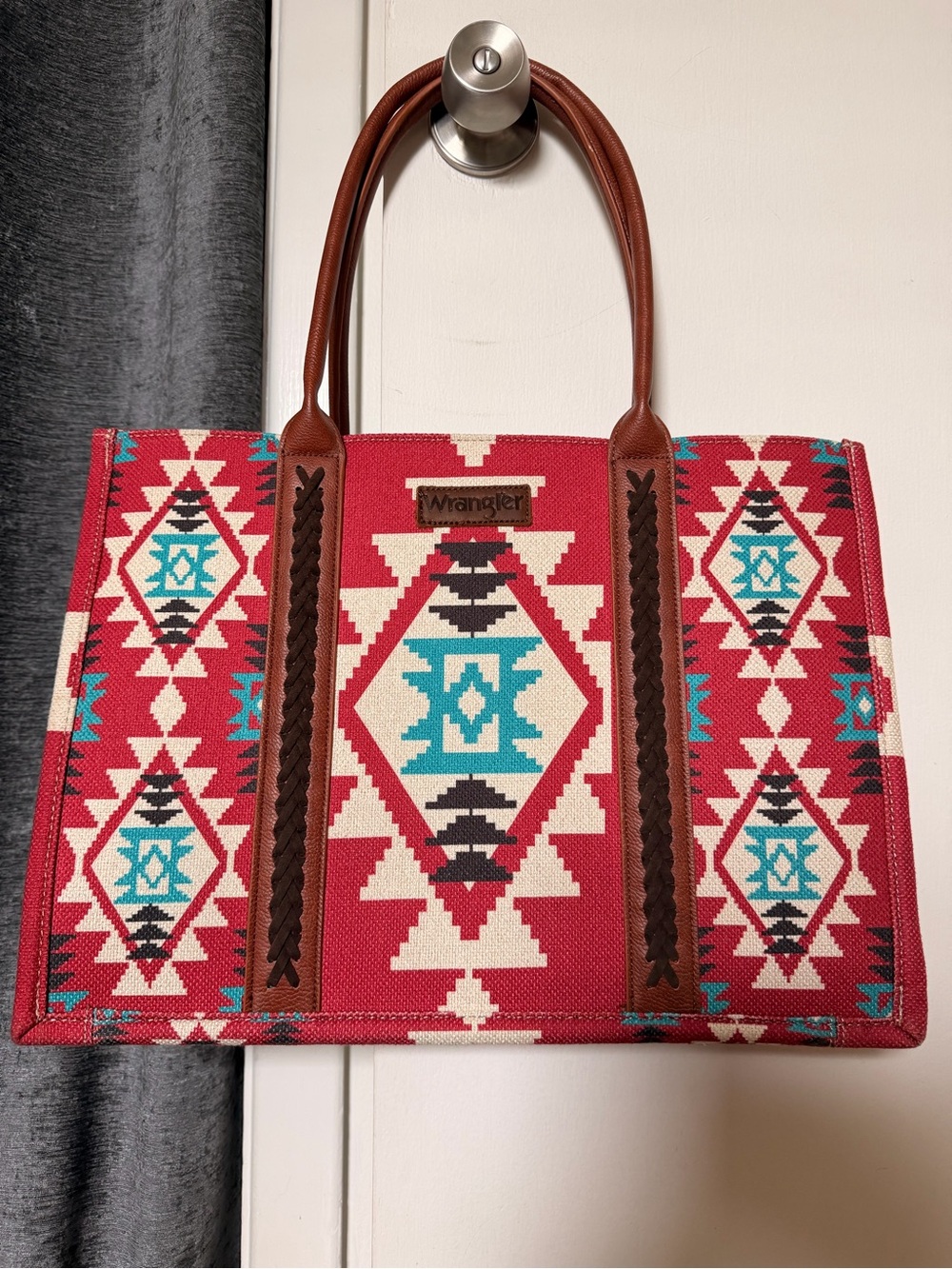Wrangler Red Aztec Pattern Tote with Turquoise Accents and Brown Handles